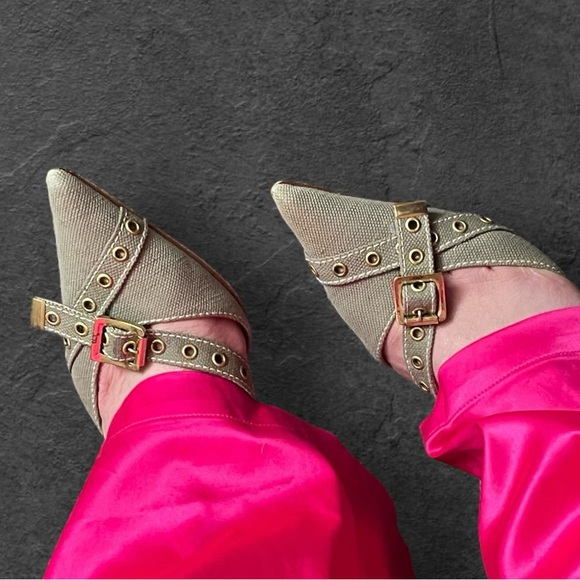 SOLDX AUTH DIOR VINTAGE MULE SLIDE SANDAL GREEN KHAKI CANVAS POINTED TOE 7.5 38 - Picture 8 of 8